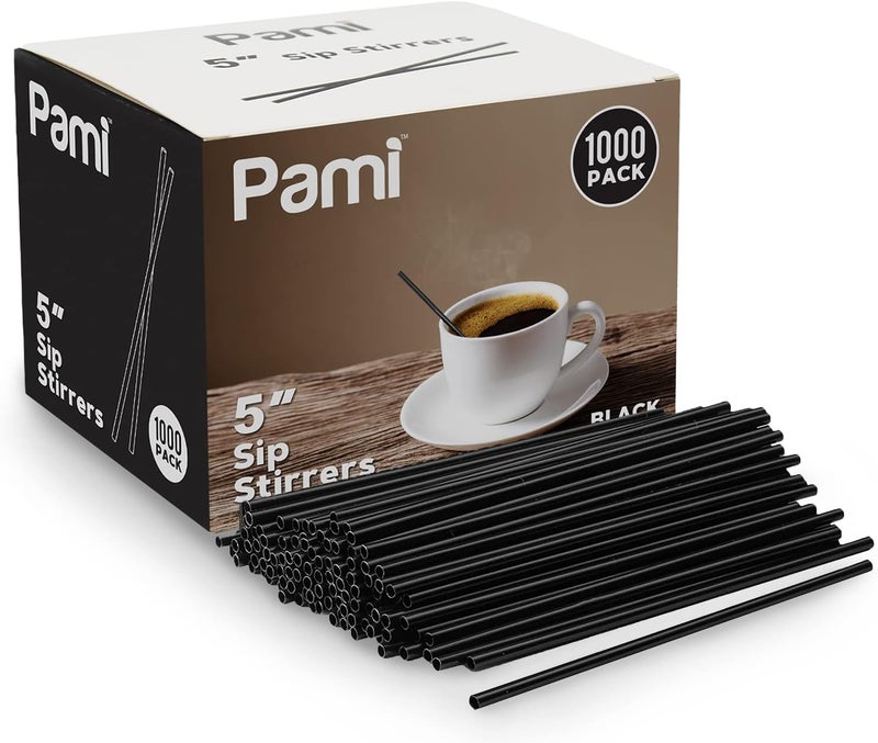 PAMI 1000 Black Stir Straws 5in Disposable Plastic Coffee Stirrers Swizzle Sticks for Cocktails, Hot & Cold Beverages (Black One Size) - Image 1